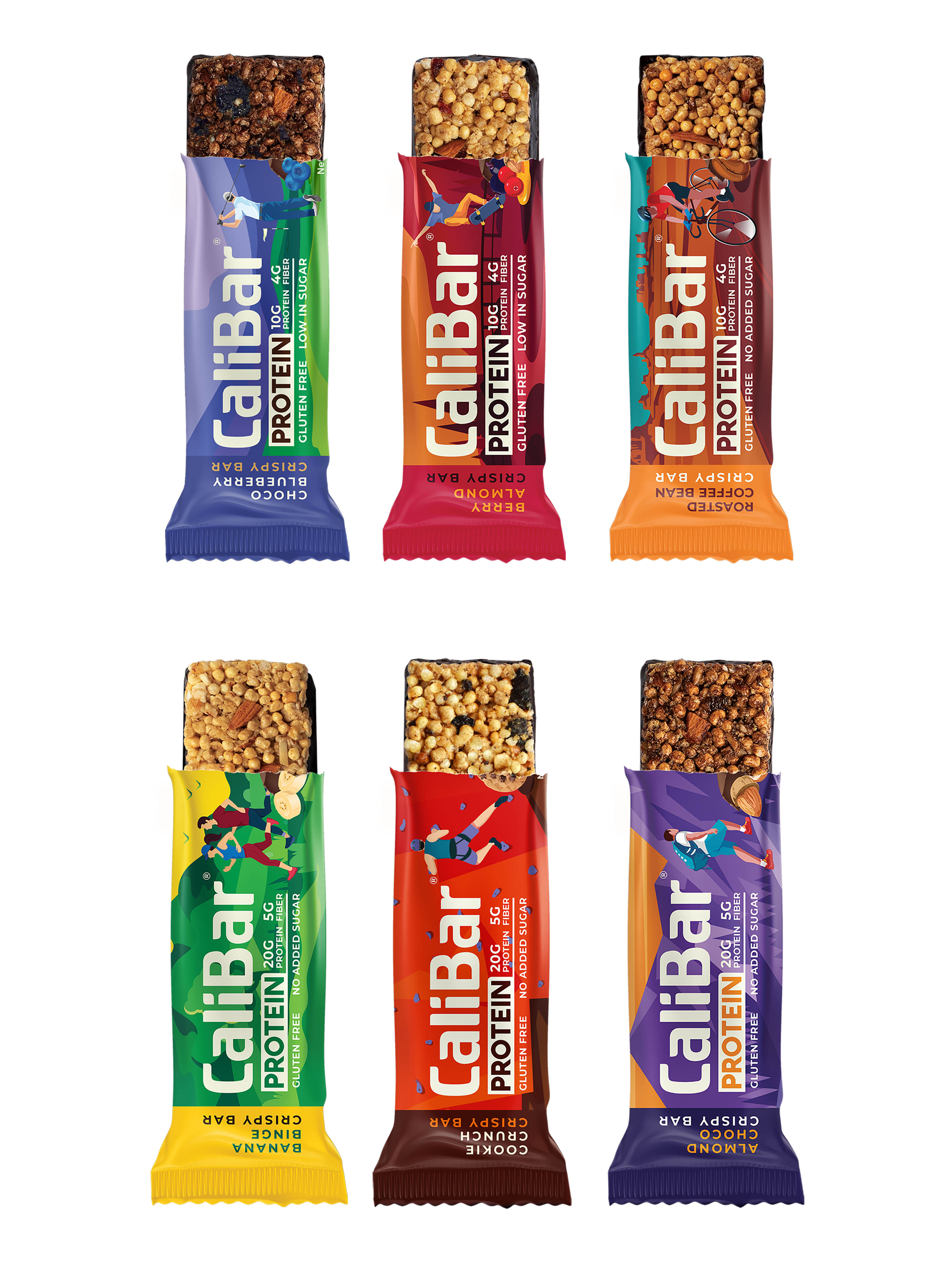 CaliBar Protein - All in 1 Pack of 6 Bars - Almond Choco, Cookie Crunch, Choco Blueberry, Berry Almond, Roasted Coffee & Banana Binge Crispy Protein Bars
