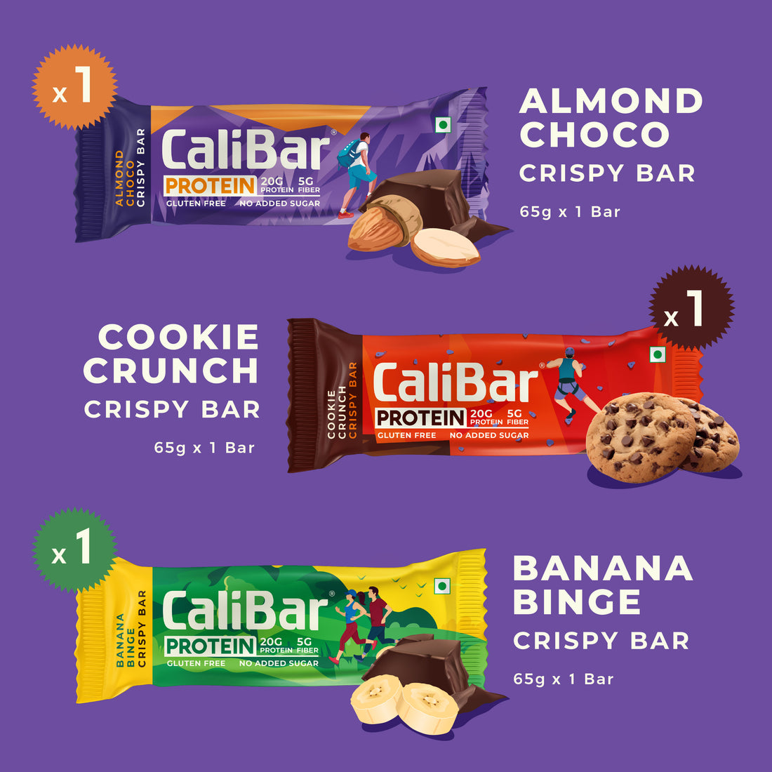 CaliBar Protein - All in 1 Pack of 6 Bars - Almond Choco, Cookie Crunch, Choco Blueberry, Berry Almond, Roasted Coffee & Banana Binge Crispy Protein Bars