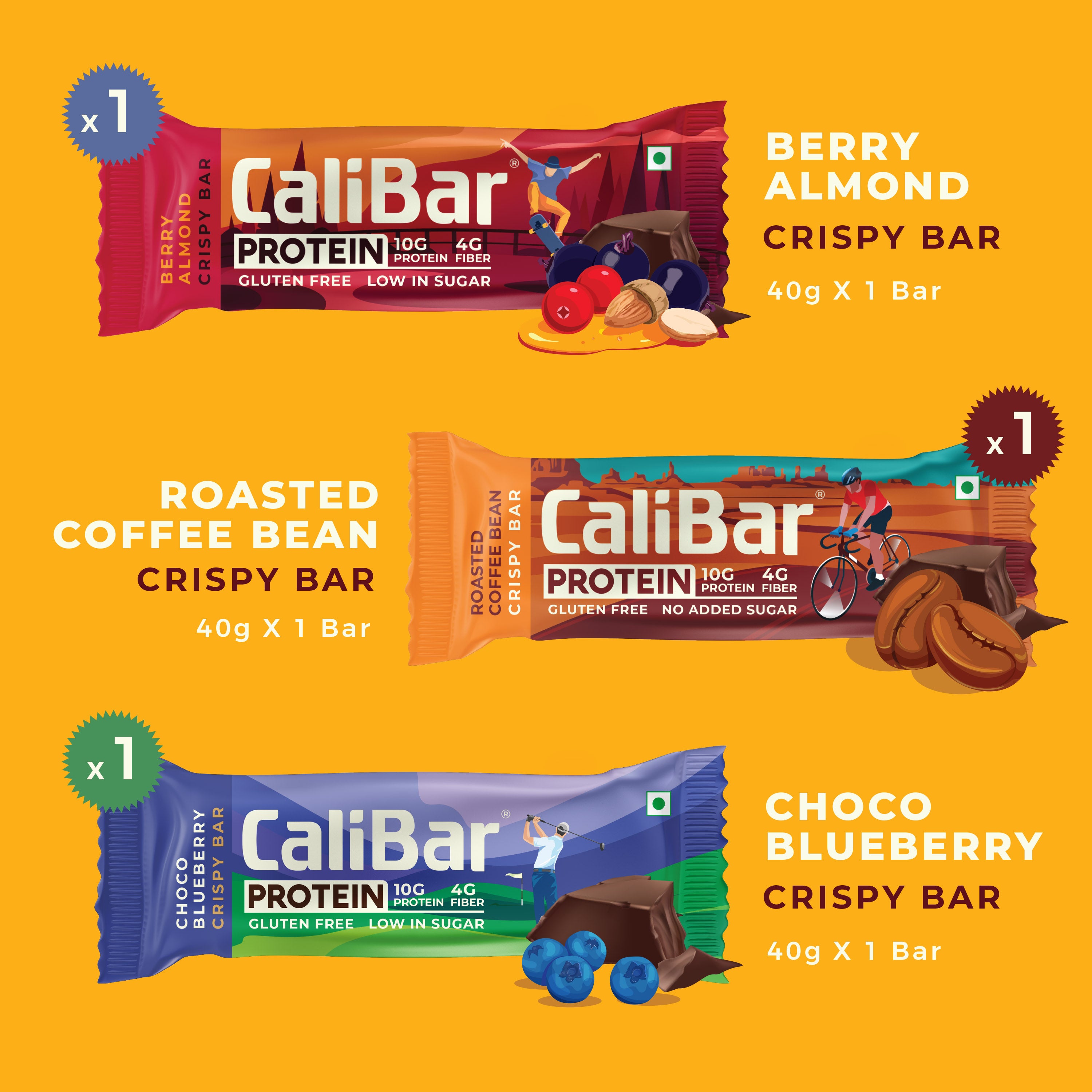 CaliBar Protein - All in 1 Pack of 6 Bars - Almond Choco, Cookie Crunch, Choco Blueberry, Berry Almond, Roasted Coffee & Banana Binge Crispy Protein Bars