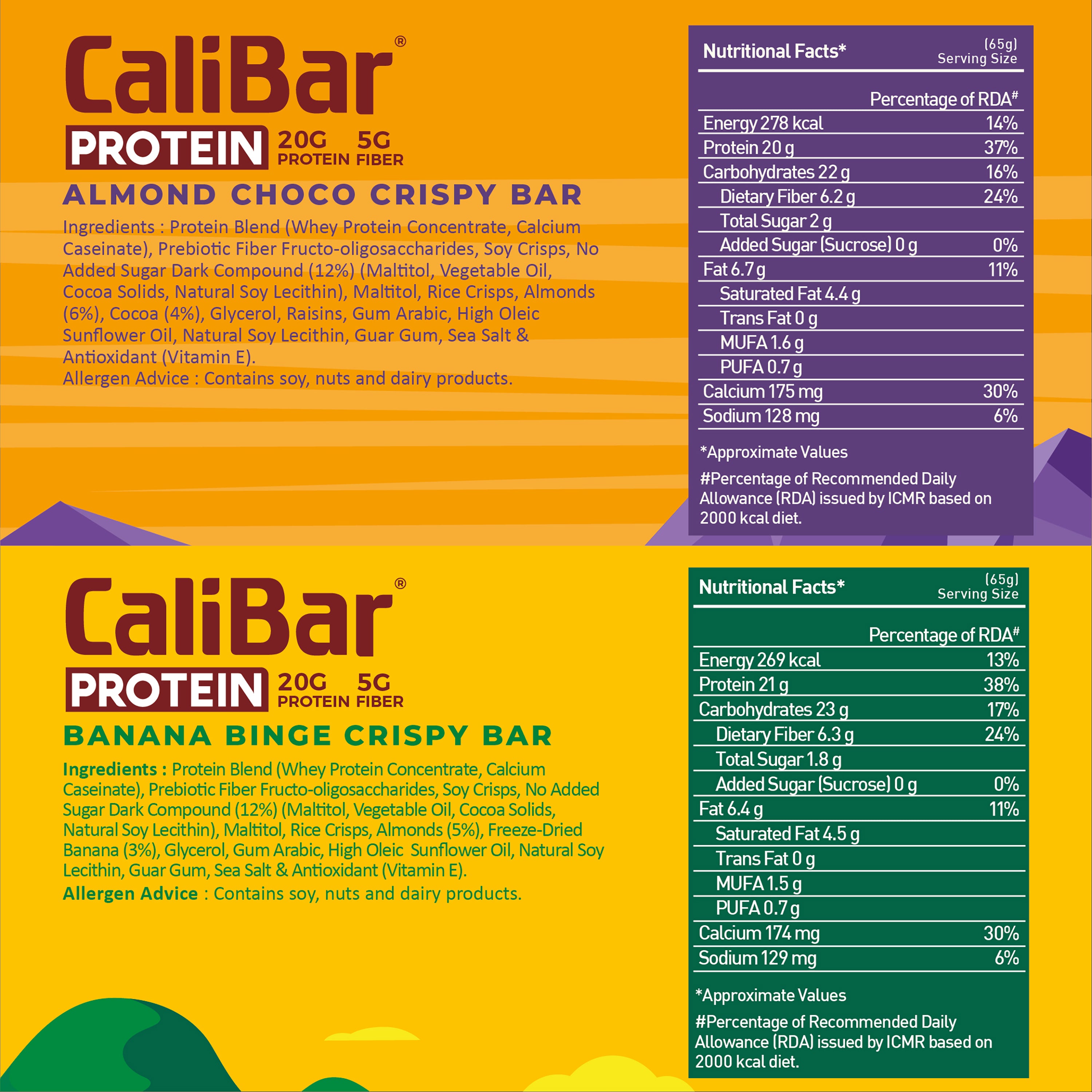 CaliBar 20g Protein Bar - Almond Choco + Banana Binge Crispy Bar (Assorted Pack 0f 6)