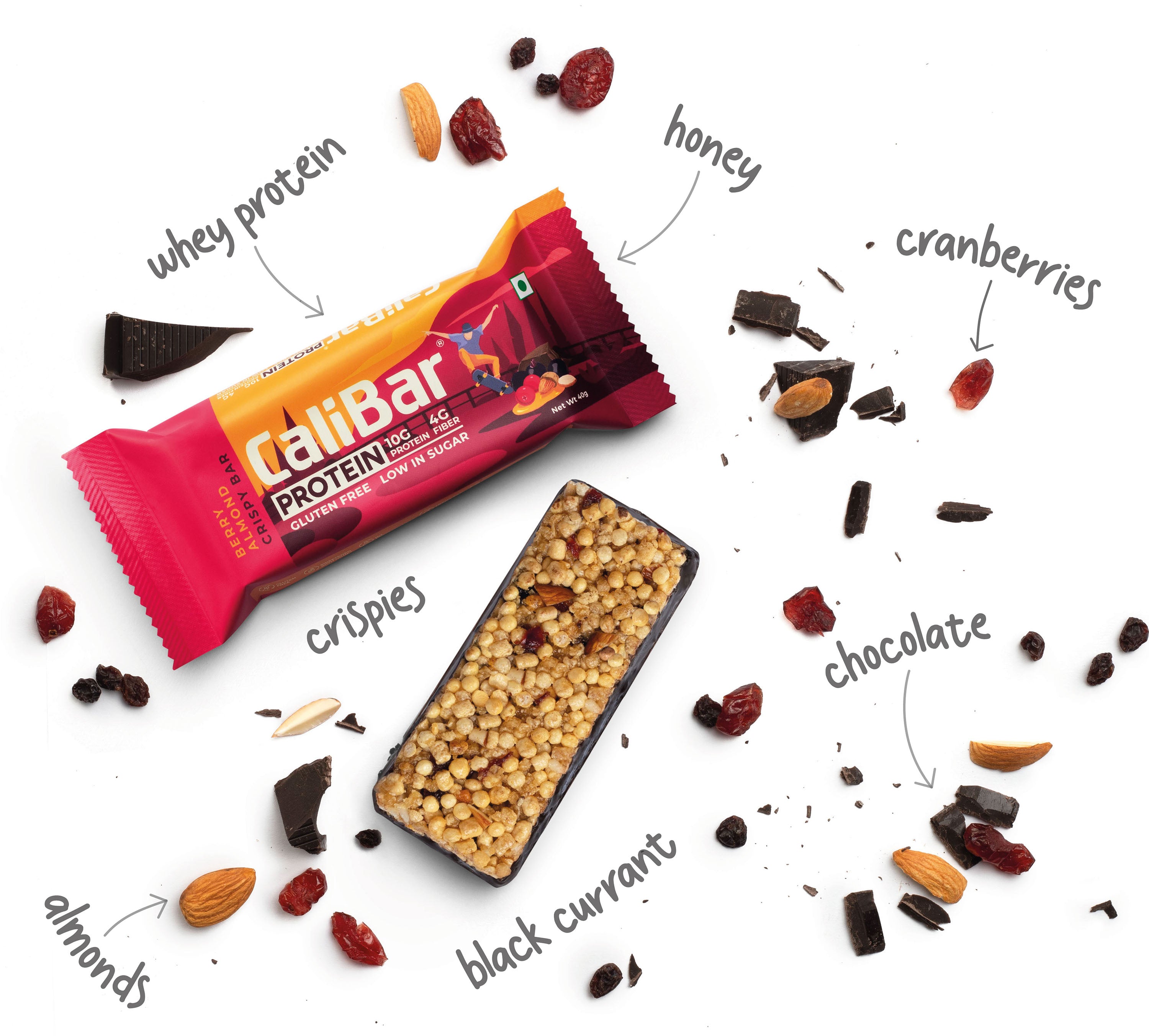 CaliBar Protein - All in 1 Pack of 4 Bars - Almond Choco, Berry Almond, Roasted Coffee &amp; Banan Binge Crispy Protein Bars