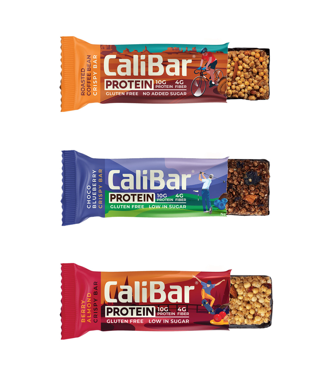 CaliBar 10g Protein Bar - Roasted Coffee Bean, Choco Blueberry & Berry Almond, Pack of 3 Bars