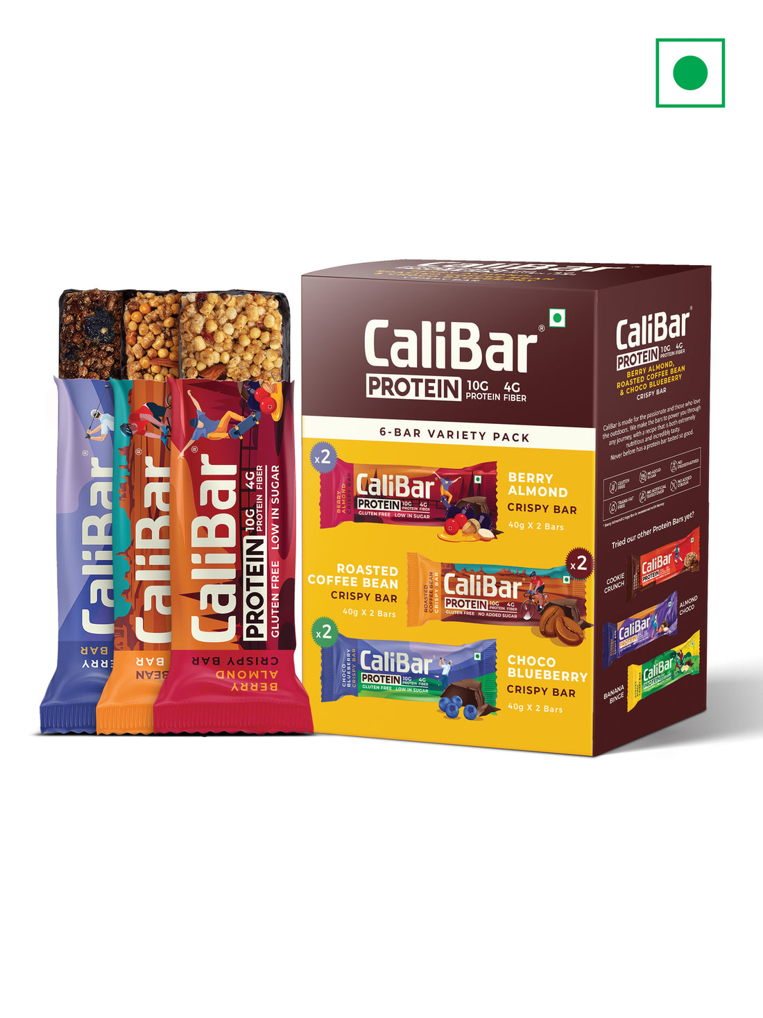 CaliBar 10g Protein Bar - Roasted Coffee Bean, Choco Blueberry & Berry Almond, Pack of 6 Bars