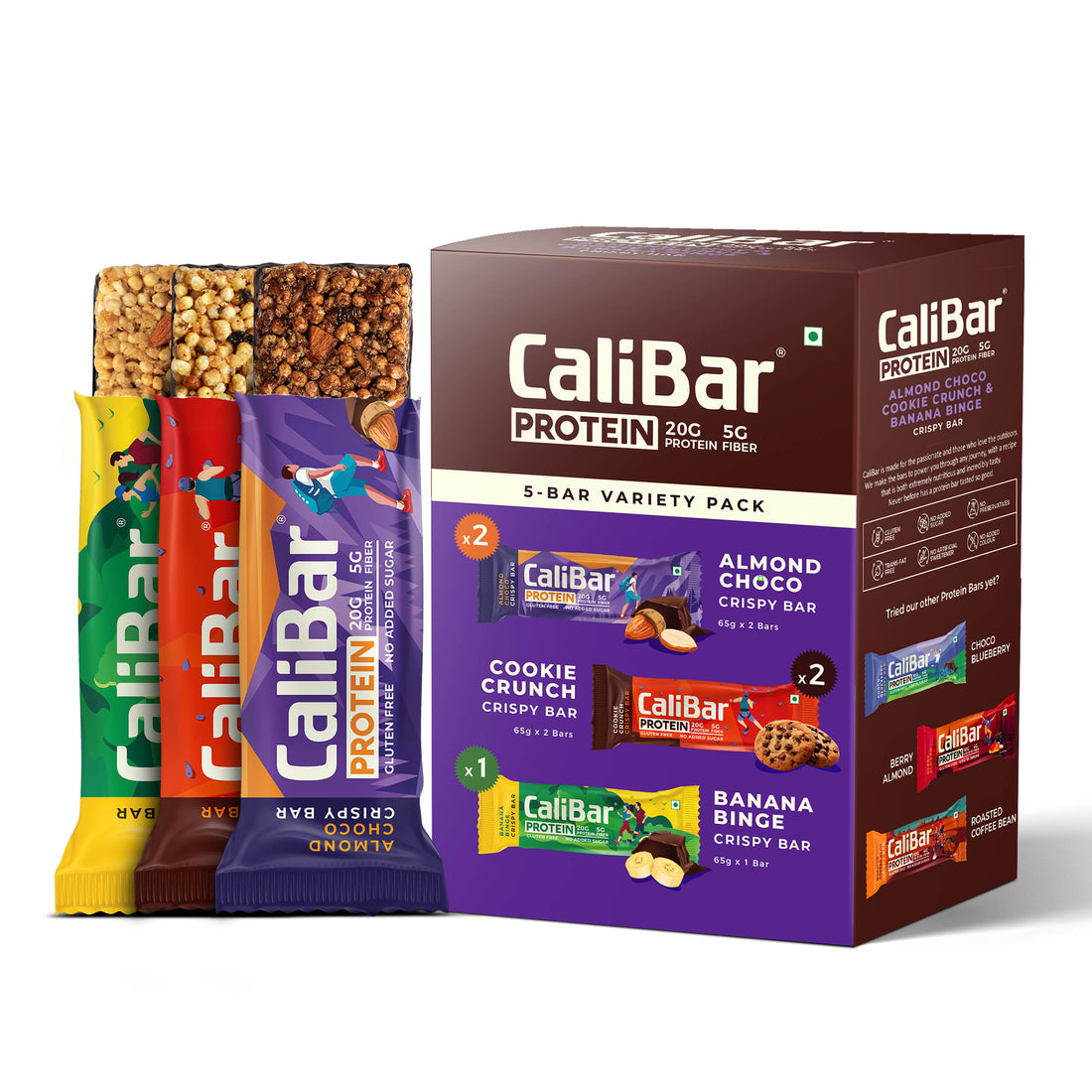 CaliBar 20g Protein Bar Assorted Pack - 2 x Almond Choco, 2 x Cookie Crunch 1, x Banana Binge Crispy Bar (Pack of 5)