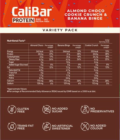 CaliBar 20g Protein Bar Assorted Pack - 1 x Almond Choco, 1 x Cookie Crunch 1, x Banana Binge Crispy Bar (Pack of 3)