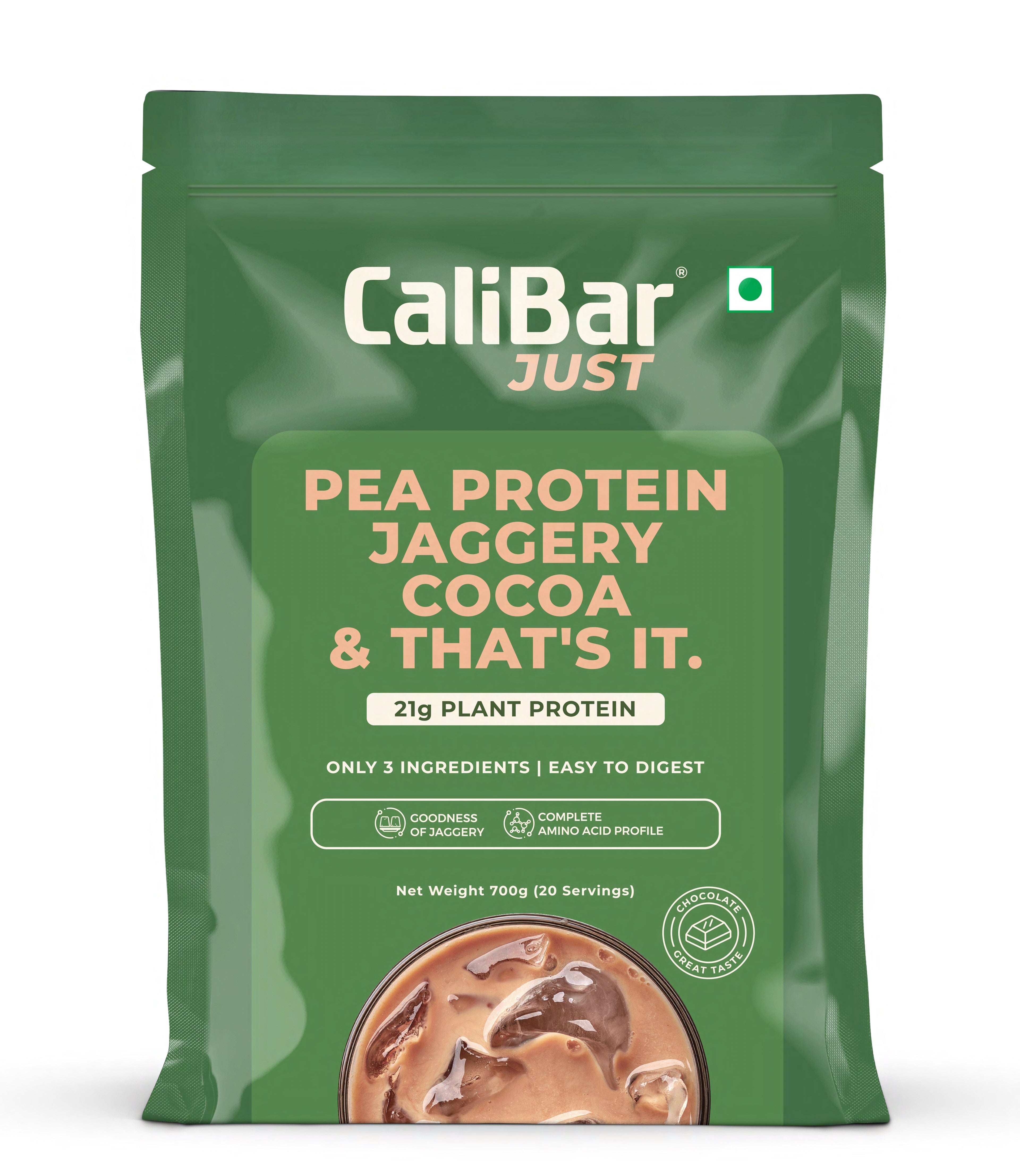 CaliBar Just Chocolate Plant Protein - All Natural Organic Pea Protein + Jaggery + Cocoa