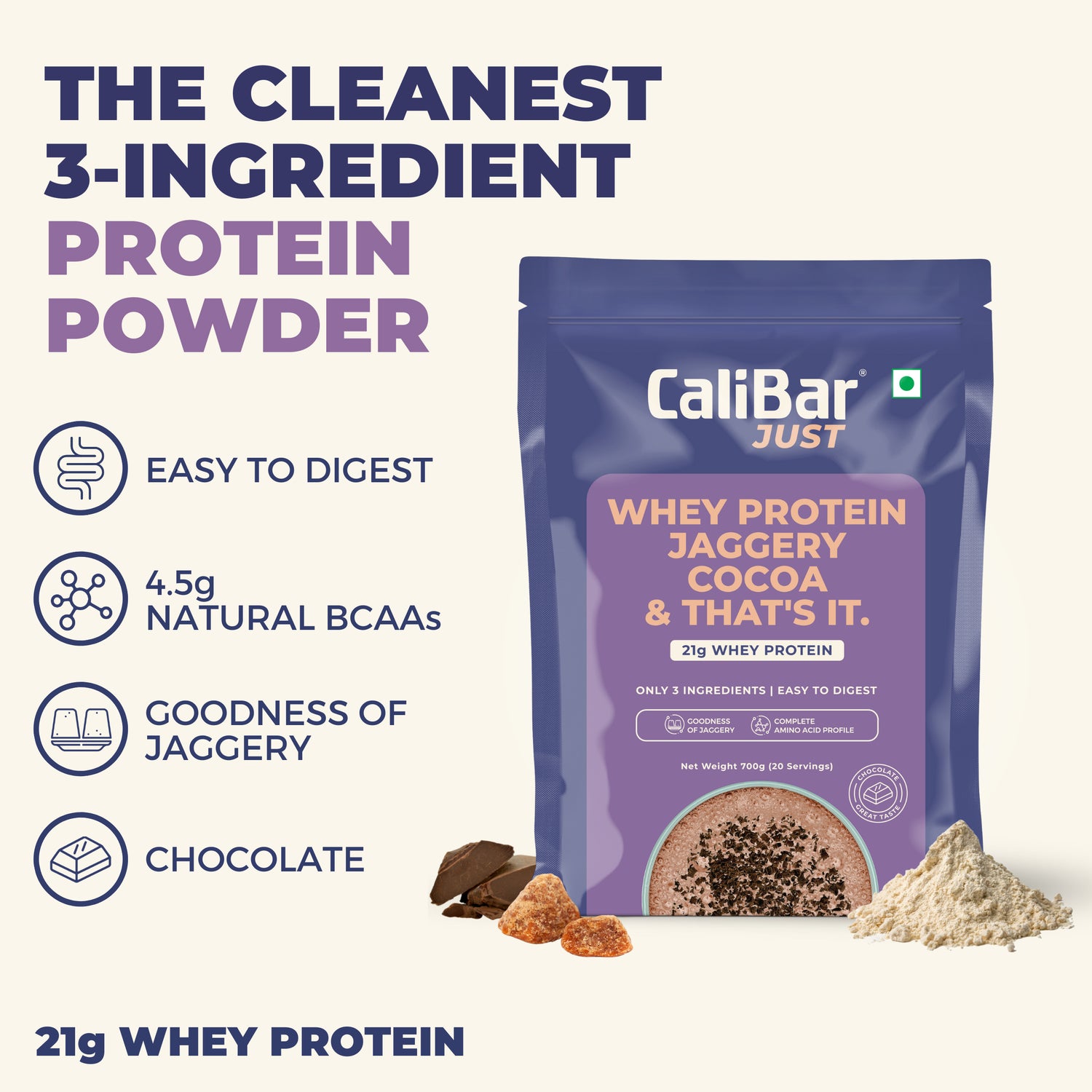 CaliBar Just Chocolate Whey Protein - All Natural Whey Protein Concentrate + Jaggery + Cocoa