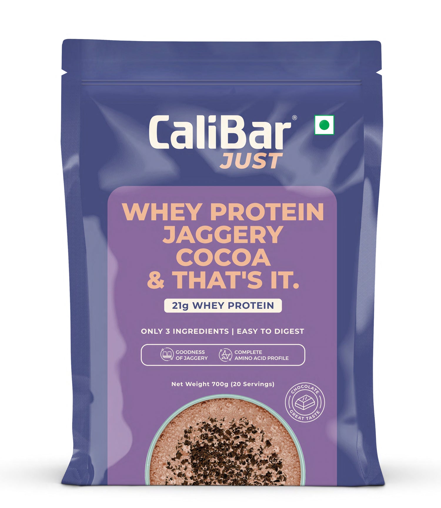 CaliBar Just Chocolate Whey Protein - All Natural Whey Protein Concentrate + Jaggery + Cocoa