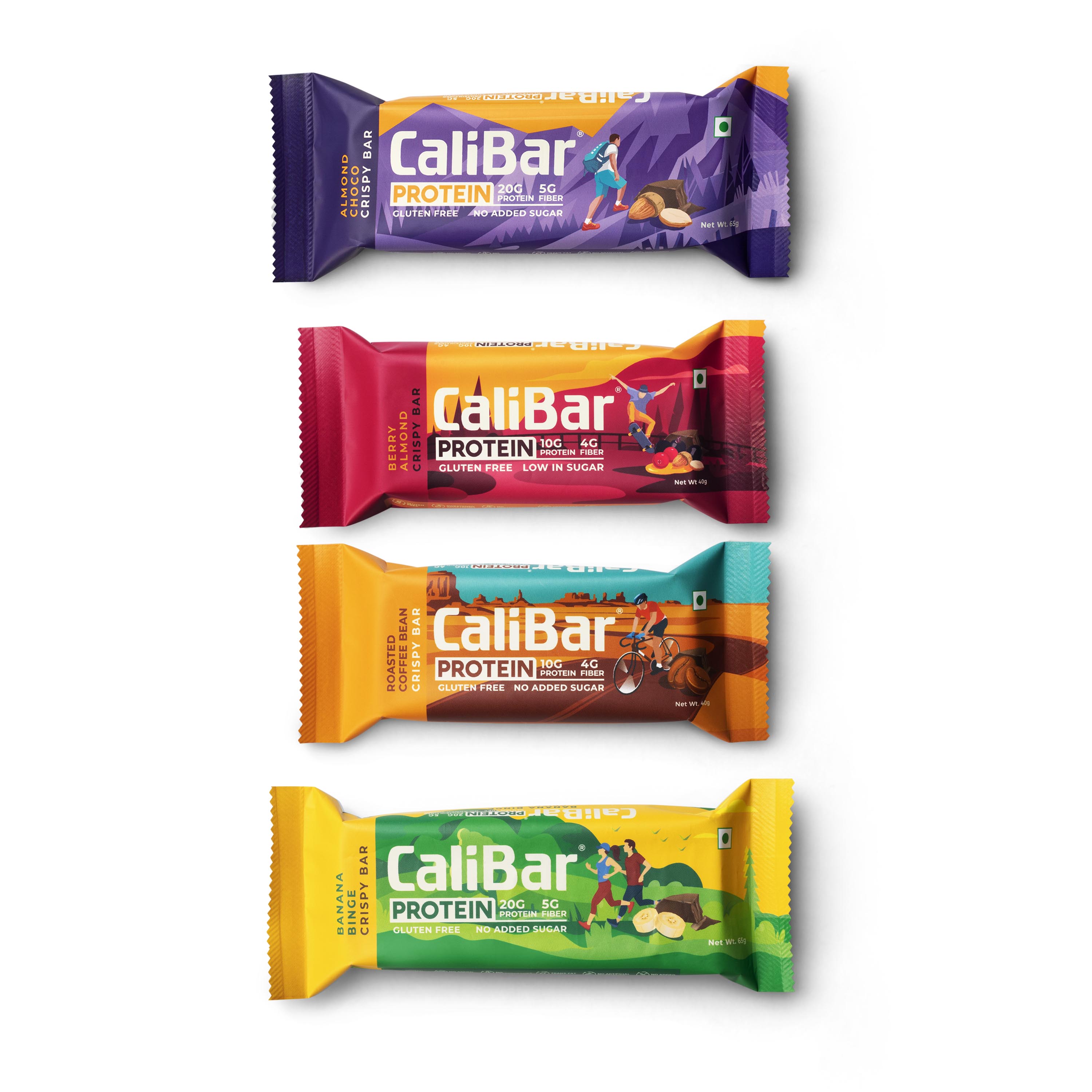 CaliBar Protein - All in 1 Pack of 4 Bars - Almond Choco, Berry Almond, Roasted Coffee &amp; Banan Binge Crispy Protein Bars