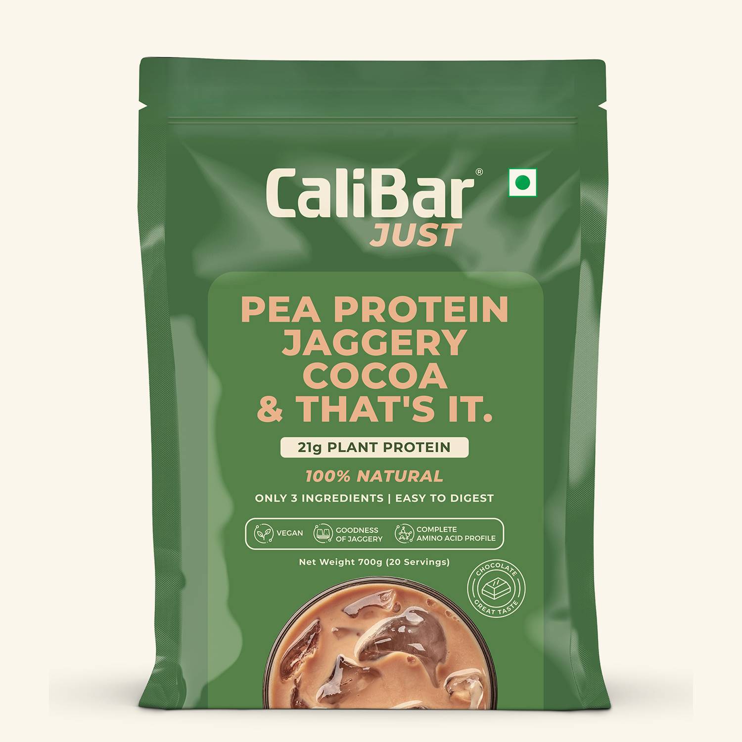 CaliBar Just Chocolate Plant Protein - All Natural Organic Pea Protein + Jaggery + Cocoa