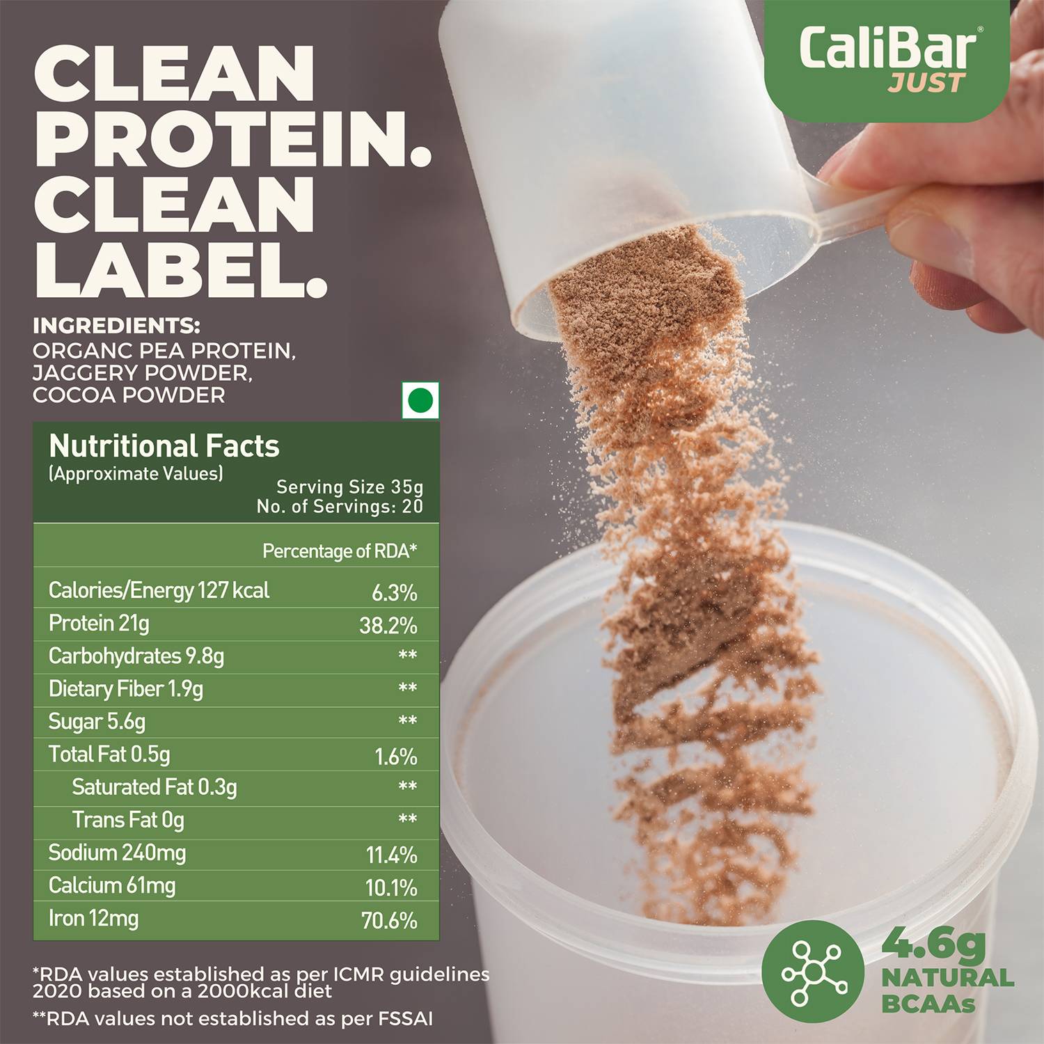 CaliBar Just Chocolate Plant Protein - All Natural Organic Pea Protein + Jaggery + Cocoa