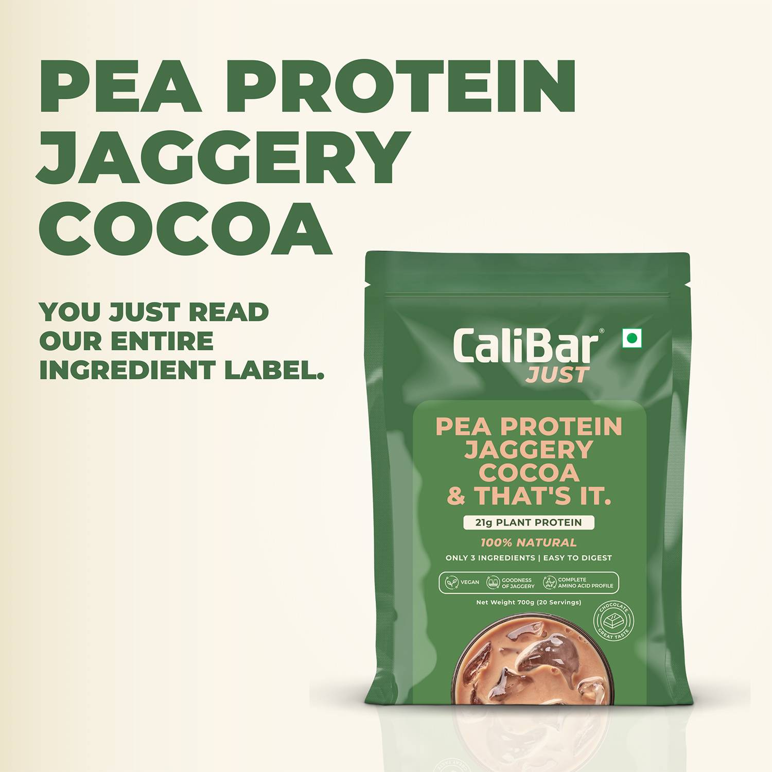 CaliBar Just Chocolate Plant Protein - All Natural Organic Pea Protein + Jaggery + Cocoa