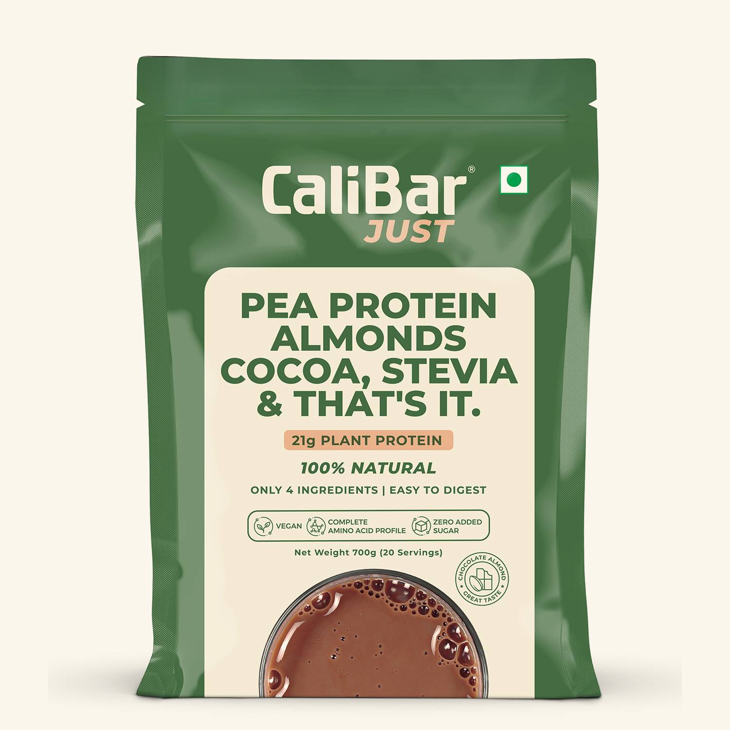 CaliBar Just Chocolate Plant Protein - All Natural Organic Pea Protein + Almonds + Cocoa + Stevia