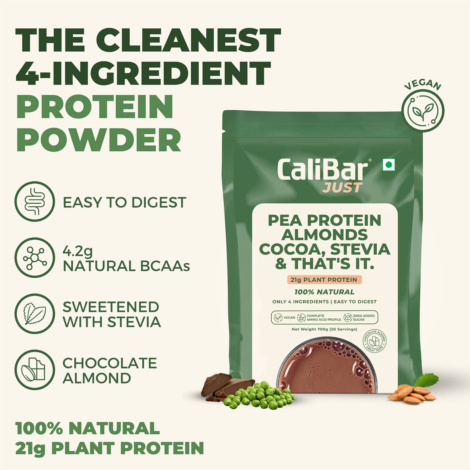 CaliBar Just Chocolate Plant Protein - All Natural Organic Pea Protein + Almonds + Cocoa + Stevia