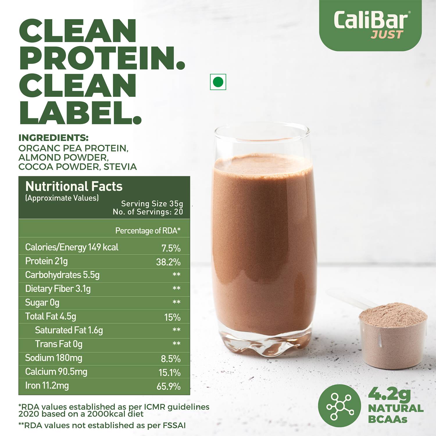 CaliBar Just Chocolate Plant Protein - All Natural Organic Pea Protein + Almonds + Cocoa + Stevia