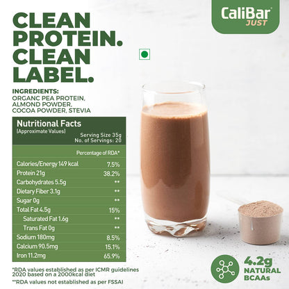 CaliBar Just Chocolate Plant Protein - All Natural Organic Pea Protein + Almonds + Cocoa + Stevia