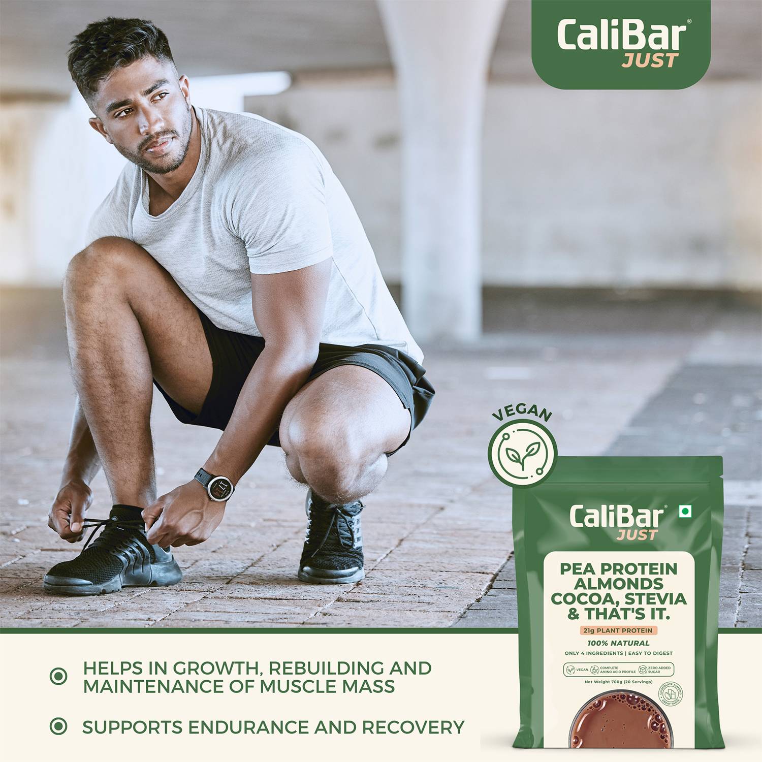 CaliBar Just Chocolate Plant Protein - All Natural Organic Pea Protein + Almonds + Cocoa + Stevia