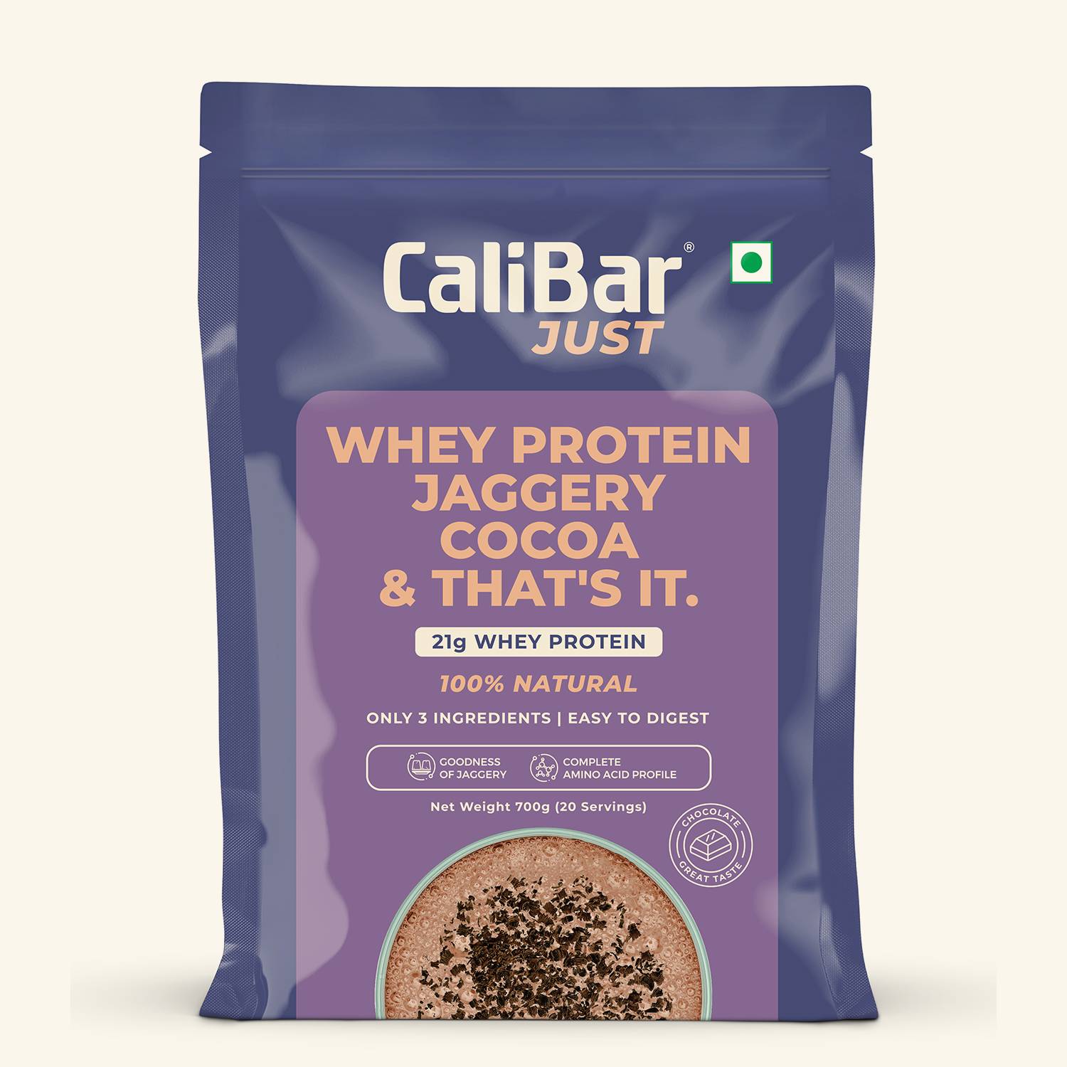 CaliBar Just Chocolate Whey Protein - All Natural Whey Protein Concentrate + Jaggery + Cocoa