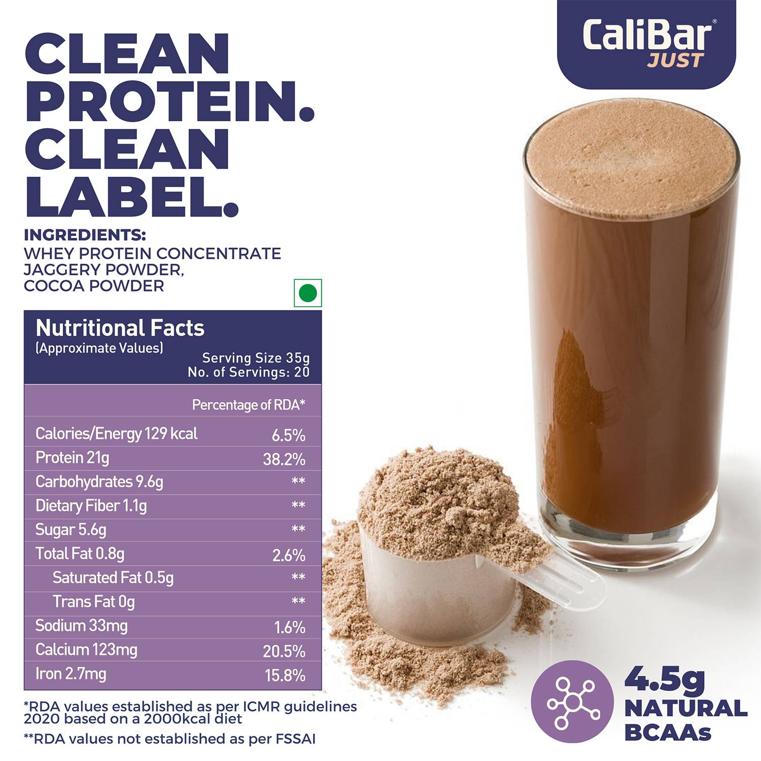 CaliBar Just Chocolate Whey Protein - All Natural Whey Protein Concentrate + Jaggery + Cocoa