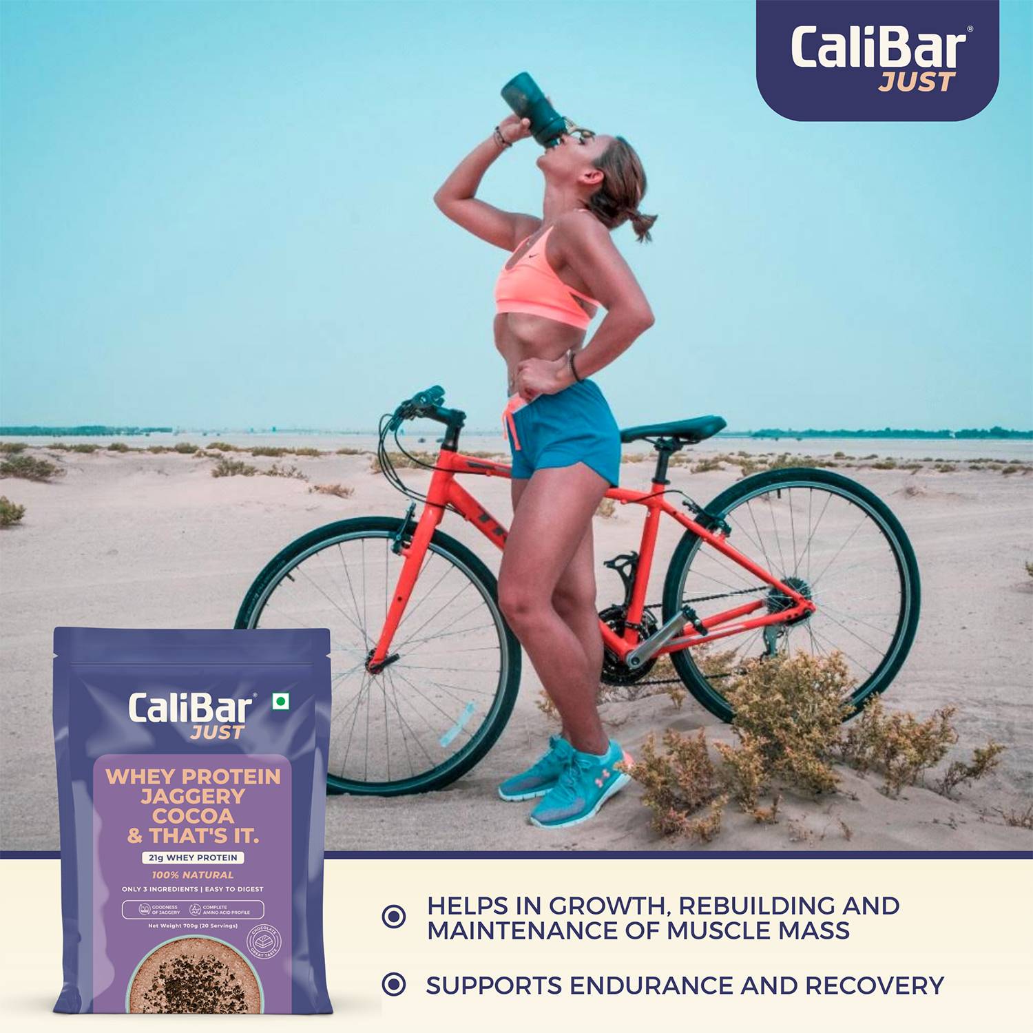 CaliBar Just Chocolate Whey Protein - All Natural Whey Protein Concentrate + Jaggery + Cocoa