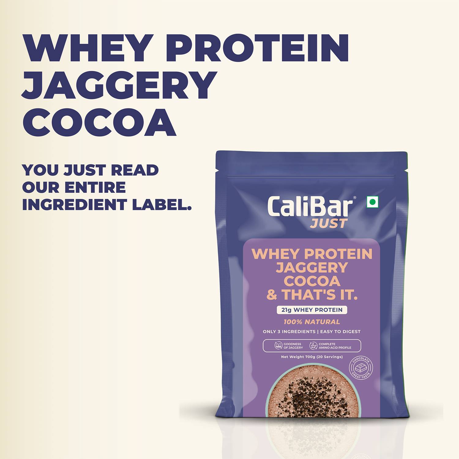 CaliBar Just Chocolate Whey Protein - All Natural Whey Protein Concentrate + Jaggery + Cocoa