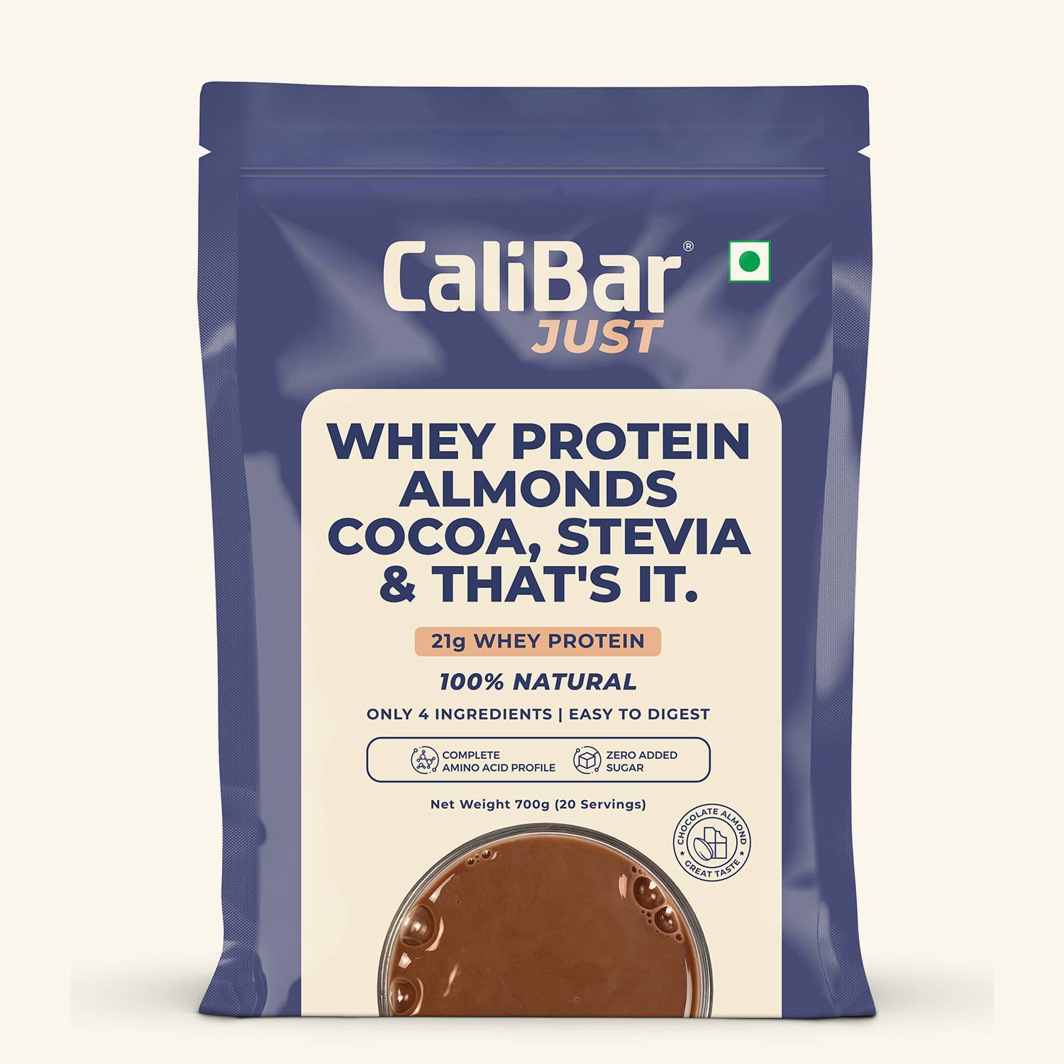 CaliBar Just Chocolate Whey Protein - All Natural Whey Protein Concentrate + Almonds + Cocoa + Stevia