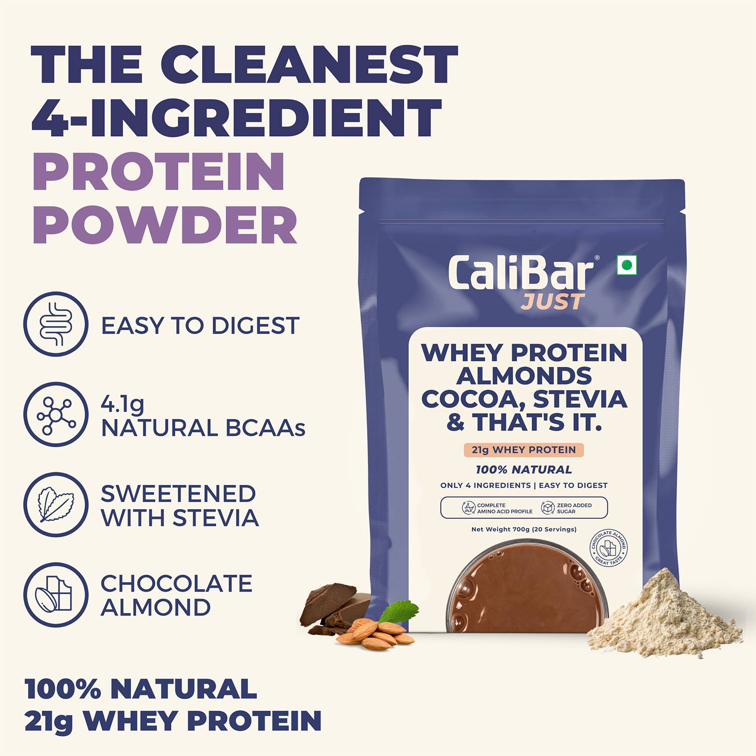 CaliBar Just Chocolate Whey Protein - All Natural Whey Protein Concentrate + Almonds + Cocoa + Stevia