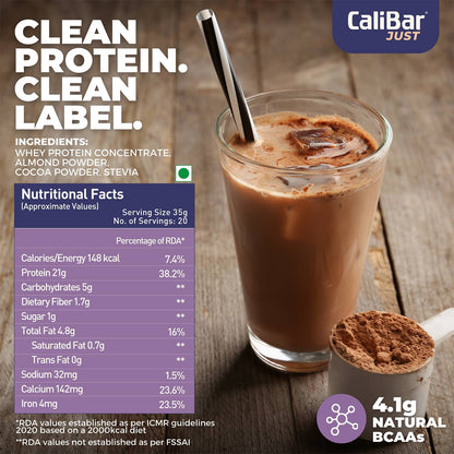 CaliBar Just Chocolate Whey Protein - All Natural Whey Protein Concentrate + Almonds + Cocoa + Stevia