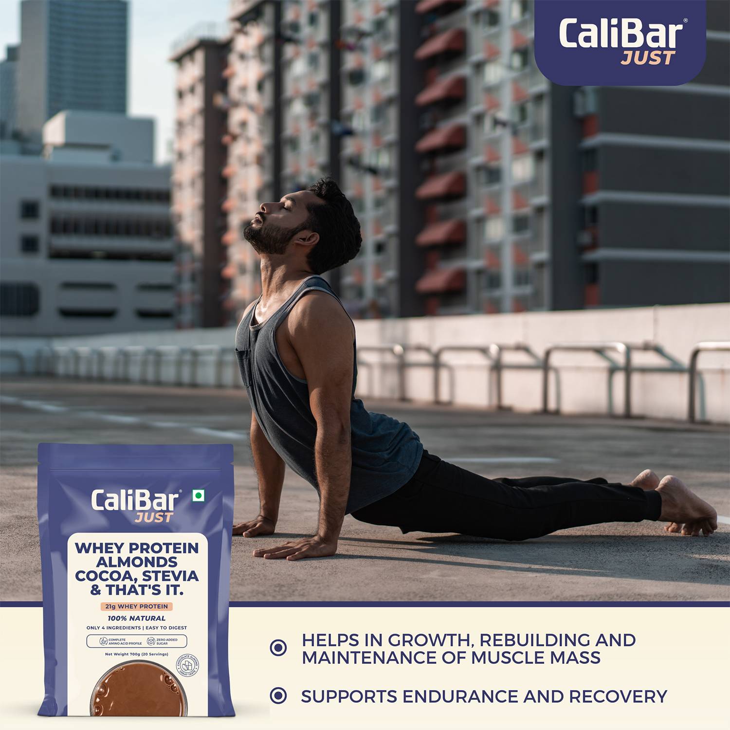 CaliBar Just Chocolate Whey Protein - All Natural Whey Protein Concentrate + Almonds + Cocoa + Stevia