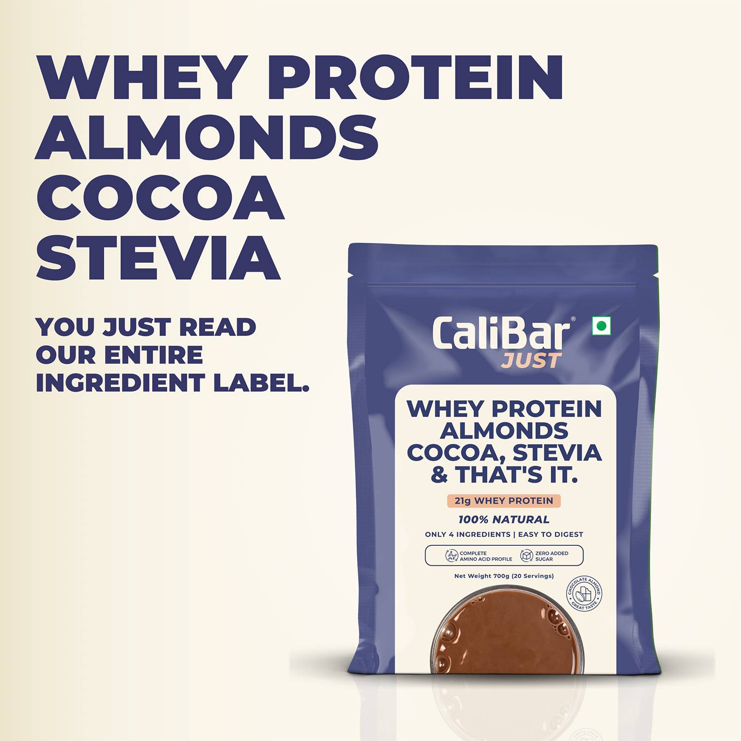 CaliBar Just Chocolate Whey Protein - All Natural Whey Protein Concentrate + Almonds + Cocoa + Stevia